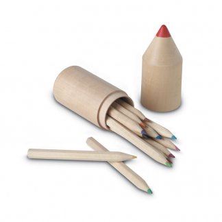 12 petits crayons de couleur dans tube en bois publicitaire - ouvert - COLORET