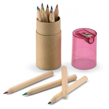 12 Petits Crayons De Couleur + Taille Crayon Dans Tube En Carton Publicitaire Rouge Ouvert LAMBUT