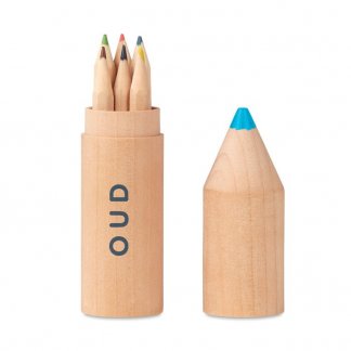 6 petits crayons de couleur dans tube en bois en forme de crayon personnalisé - Avec logo - PETIT COLORET