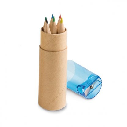 6 Petits Crayons De Couleur + Taille Crayon Dans Tube En Carton Recyclé Publicitaire Bleu SHARPENER