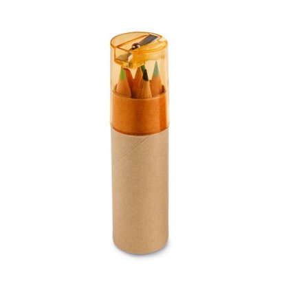 6 Petits Crayons De Couleur + Taille Crayon Dans Tube En Carton Recyclé Publicitaire Orange SHARPENER