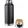 Bouteille Isotherme Publicitaire En Acier Inoxydable Et Bambou 480ml Noir Ouvert THORYA
