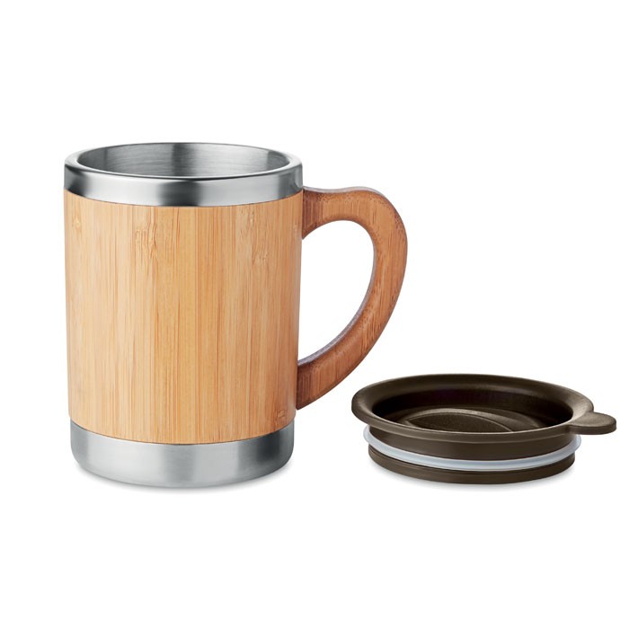 Mug double paroi avec couvercle personnalisé en inox et bambou - 300ml -  MOKKA