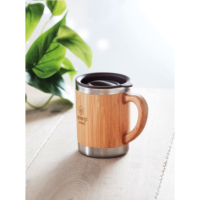 Mug double paroi avec couvercle personnalisé en inox et bambou - 300ml -  MOKKA
