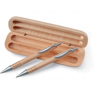 Parure stylo + porte-mines dans coffret en bois publicitaire - ouvert - DEMOIN