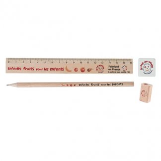 Set écriture crayon, taille-crayon, gomme et règle en bois certifié publicitaire - KIT ECO 6