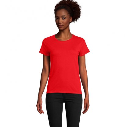 T Shirt Femme En Coton Bio 150g CRUSADER WOMEN T Shirt Bleu Rouge Porté De Face