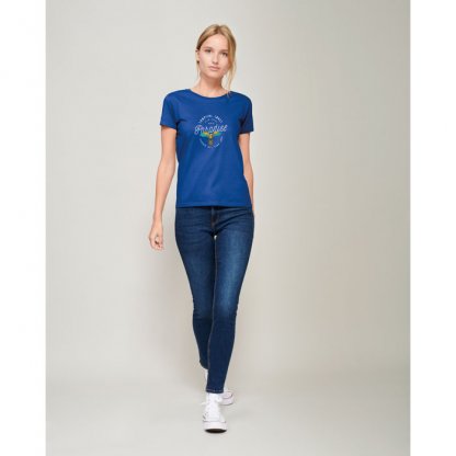 T Shirt Femme En Coton Bio 175g PIONEER WOMEN Bleu Royal Marquage Quadri