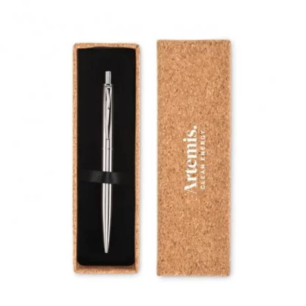 stylo bille en acier inoxydable recycle dans coffret en liege graz avec marquage 416x416