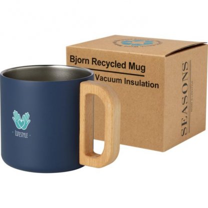 Mug Double Paroi En Acier Inoxydable Recyclé 360ml BJORN Bleu Avec Marquage
