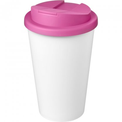 Mug Double Paroi En Plastique Recyclé Avec Couvercle Anti Déversement 350ml Blanc Couvercle Rose