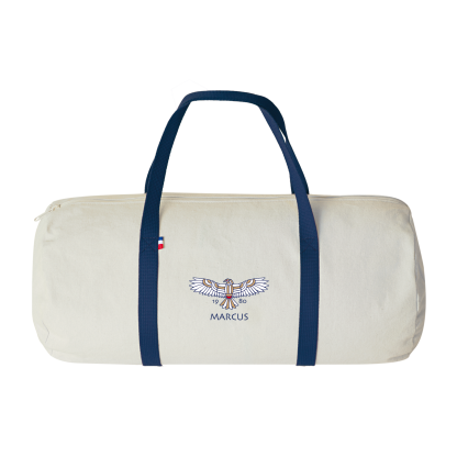 Sac Polochon En Coton Recyclé 250g 50x23cm LÉON Bleu Marine Quadri Blanc