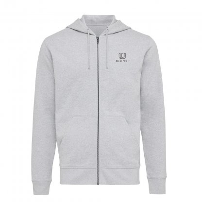 Sweat à Capuche Mixte Avec Zip En Coton Bio Et Recyclé 340g ABISKO Gris Clair Avec Marquage