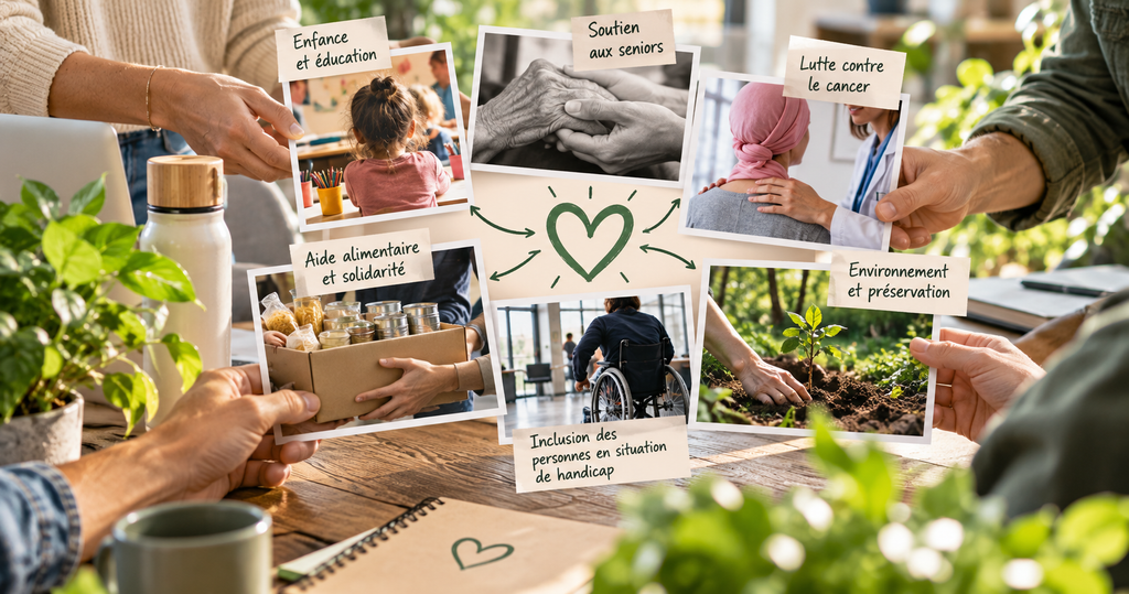 Causes soutenues par Vertlapub : enfance et éducation, soutien aux seniors, lutte contre le cancer, aide alimentaire et solidarité, inclusion des personnes en situation de handicap, environnement et préservation